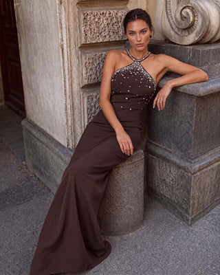 Liora Brown Crystal Embellished Maxi Dress