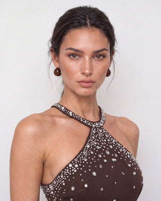 Liora Brown Crystal Embellished Maxi Dress