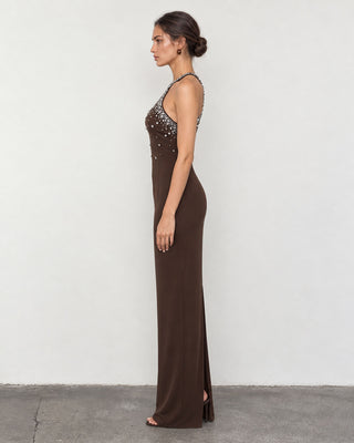Liora Brown Crystal Embellished Maxi Dress