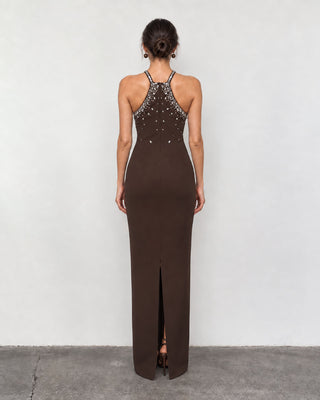 Liora Brown Crystal Embellished Maxi Dress
