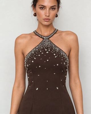 Liora Brown Crystal Embellished Maxi Dress