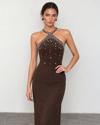 Liora Brown Crystal Embellished Maxi Dress