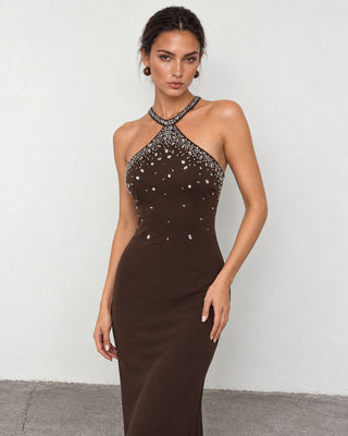 Liora Brown Crystal Embellished Maxi Dress