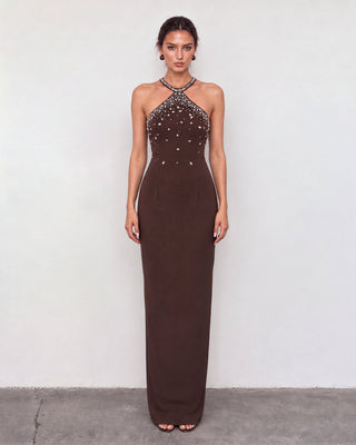 Liora Brown Crystal Embellished Maxi Dress