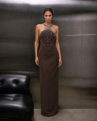 Liora Brown Crystal Embellished Maxi Dress