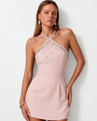 Liora Pembe Kristal Süslemeli Mini Elbise