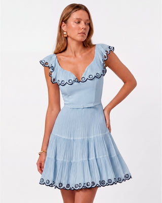 Odette Powder Blue Pleated Scallop Mini Dress