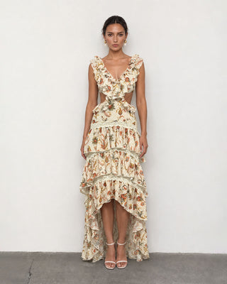 Ottavia Ivory Floral Ruffle High-Low Maxi Dress