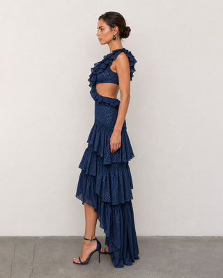 Ottavia Navy Jacquard Ruffle High-Low Maxi Dress