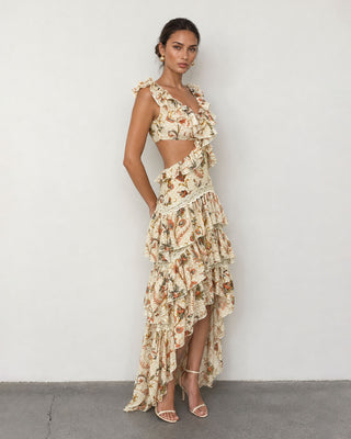 Ottavia Ivory Floral Ruffle High-Low Maxi Dress