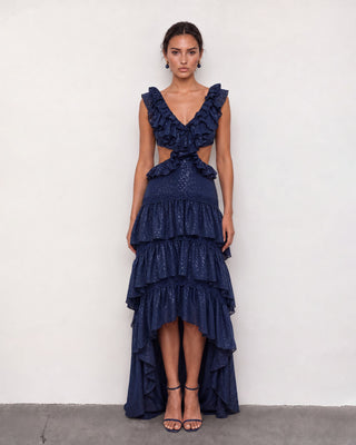 Ottavia Navy Jacquard Ruffle High-Low Maxi Dress