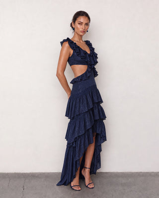 Ottavia Navy Jacquard Ruffle High-Low Maxi Dress