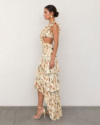 Ottavia Ivory Floral Ruffle High-Low Maxi Dress