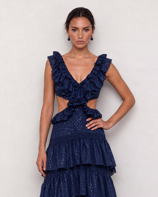 Ottavia Navy Jacquard Ruffle High-Low Maxi Dress