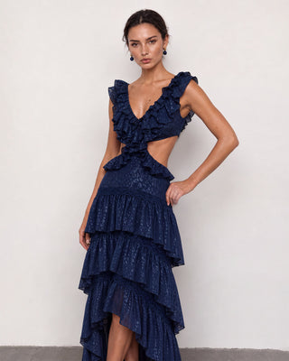 Ottavia Navy Jacquard Ruffle High-Low Maxi Dress