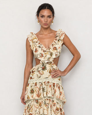 Ottavia Ivory Floral Ruffle High-Low Maxi Dress