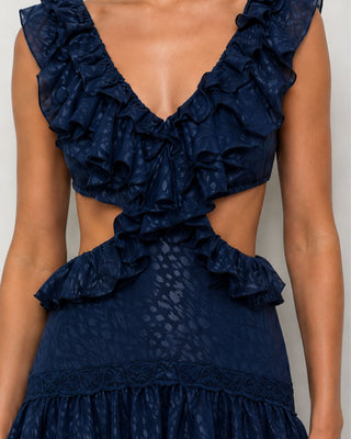 Ottavia Navy Jacquard Ruffle High-Low Maxi Dress