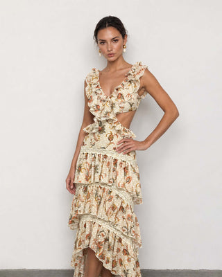 Ottavia Ivory Floral Ruffle High-Low Maxi Dress