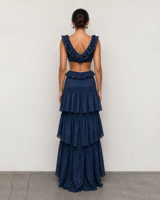 Ottavia Navy Jacquard Ruffle High-Low Maxi Dress