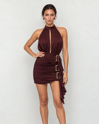 Renata Burgundy Kristal Tokalı Mini Elbise