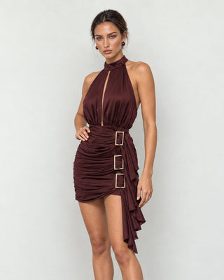 Renata Burgundy Kristal Tokalı Mini Elbise