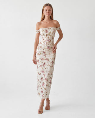 Elera Floral Fildişi Maxi Elbise