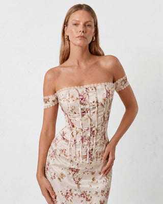 Elera Floral Fildişi Maxi Elbise