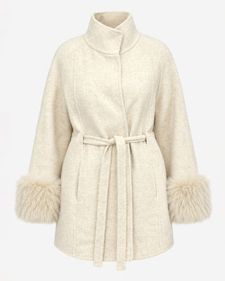 Sofia Ivory Fur-Cuff Belted Coat