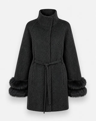 Sofia Charcoal Fur-Cuff Belted Coat
