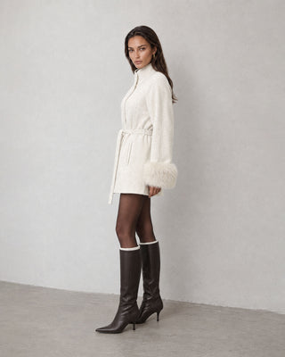 Sofia Ivory Fur-Cuff Belted Coat