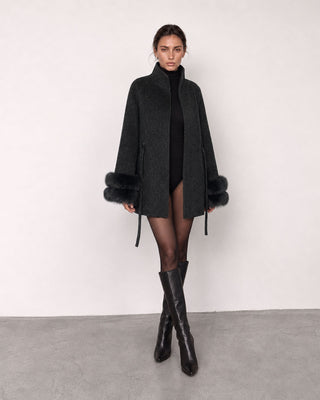 Sofia Charcoal Fur-Cuff Belted Coat