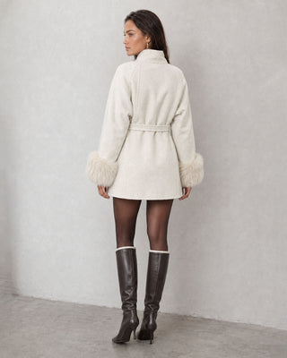 Sofia Ivory Fur-Cuff Belted Coat