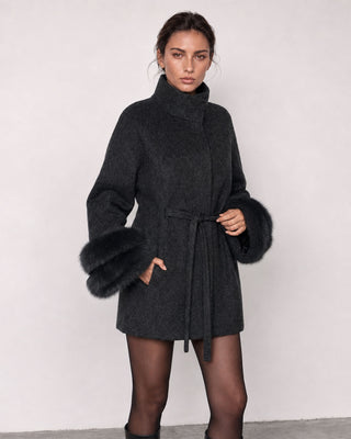 Sofia Charcoal Fur-Cuff Belted Coat