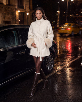 Sofia Ivory Fur-Cuff Belted Coat