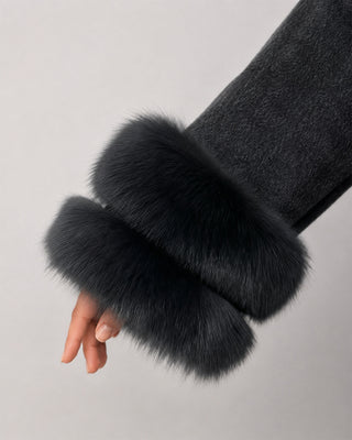 Sofia Charcoal Fur-Cuff Belted Coat