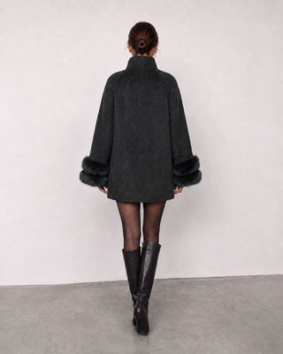 Sofia Charcoal Fur-Cuff Belted Coat