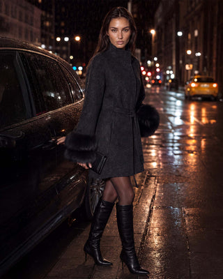 Sofia Charcoal Fur-Cuff Belted Coat