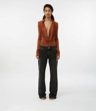 Draped Collared Long Sleeve Bodysuit in Terra Cotta