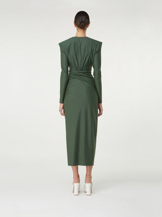 Emerald Elegance: Draped Long Sleeve Midi Dress