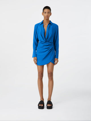 Silk Wrap-Effect Shirt Dress in Azure Blue