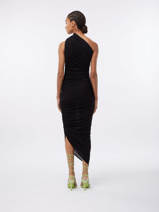 Asymmetrical Black Ruched Midi Dress