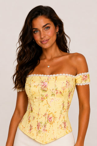 Elara Butter Yellow Floral Corset Top