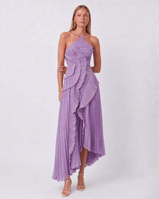 Elowen Lilac Ruffle-Trim Pleated Midi Dress
