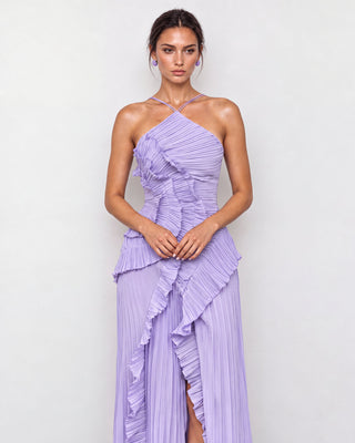 Elowen Lilac Ruffle-Trim Pleated Midi Dress
