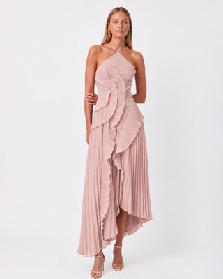 Elowen Dusty Rose Ruffle-Trim Pleated Midi Dress
