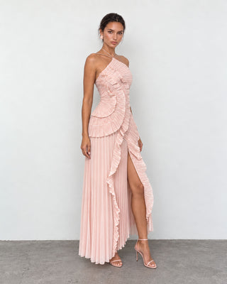 Elowen Dusty Rose Ruffle-Trim Pleated Midi Dress