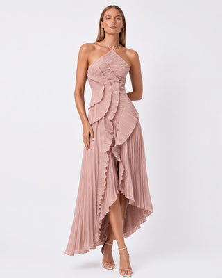 Elowen Dusty Rose Ruffle-Trim Pleated Midi Dress