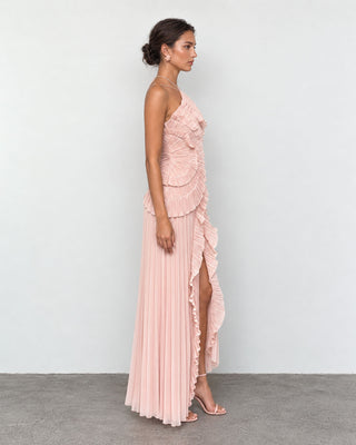 Elowen Dusty Rose Ruffle-Trim Pleated Midi Dress
