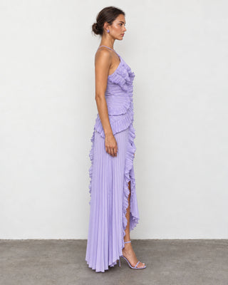 Elowen Lilac Ruffle-Trim Pleated Midi Dress