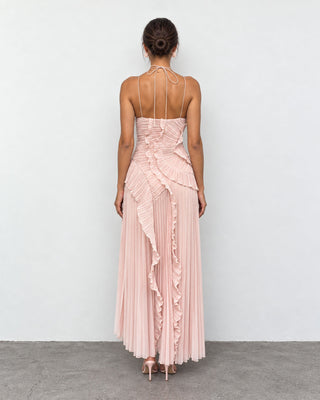 Elowen Dusty Rose Ruffle-Trim Pleated Midi Dress